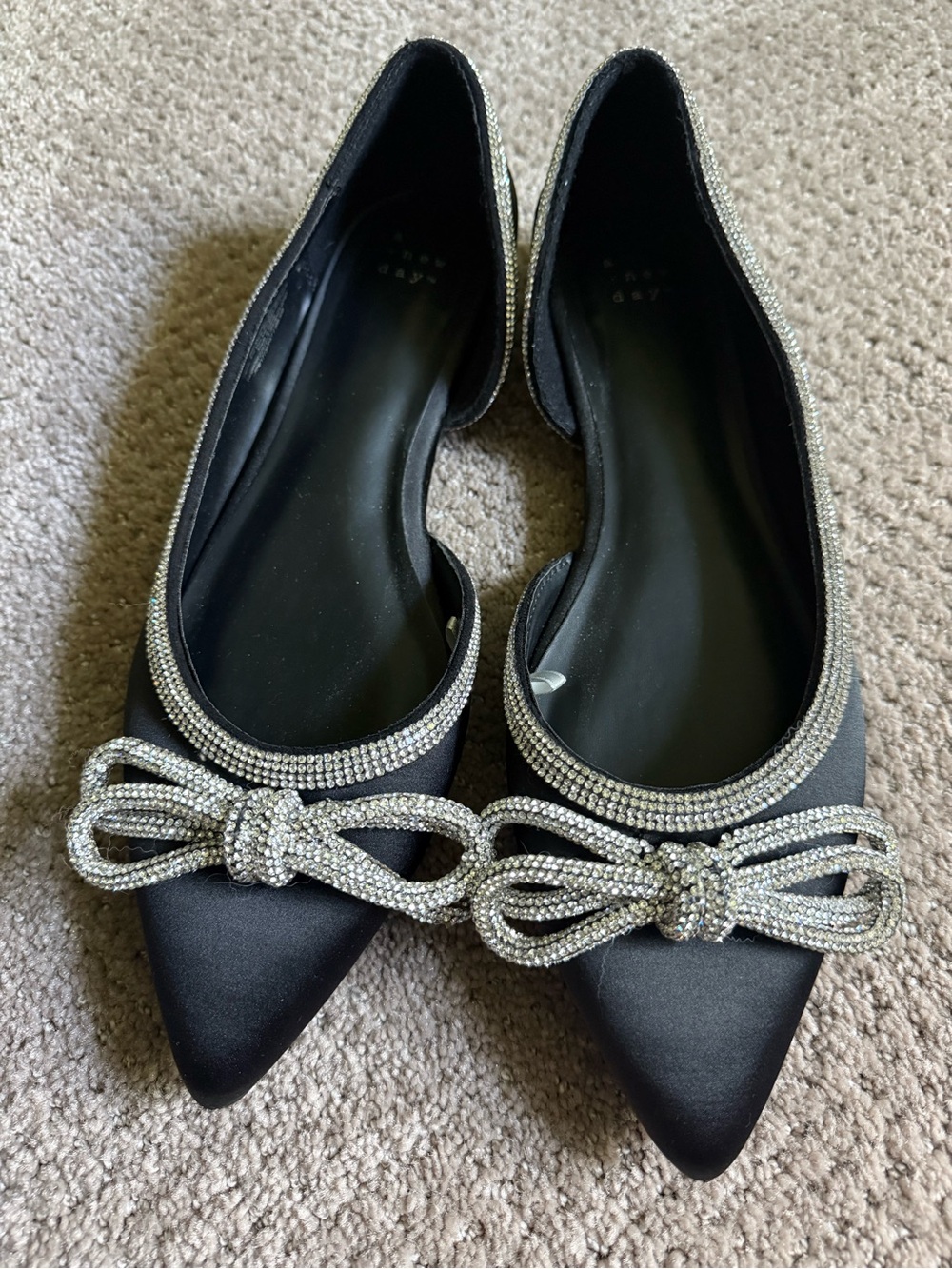 a new day Black Satin Pointed Toe Flats with Rhinestone Bow